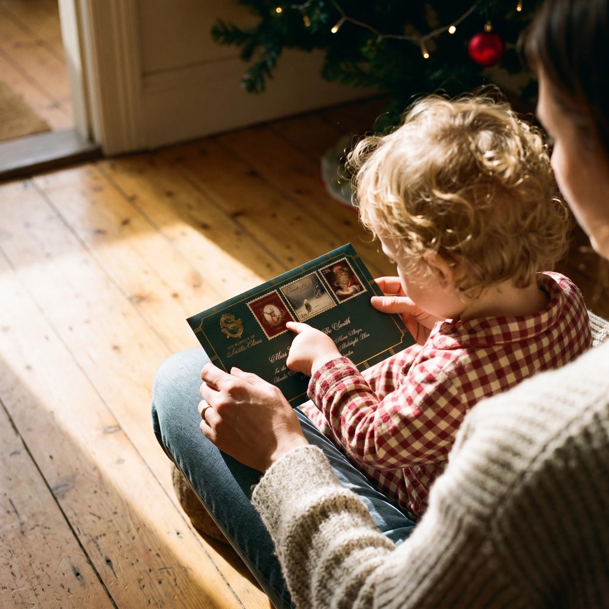 A mother and child reading a personalised letter from Santa in an emerald green envelope by the Christmas tree