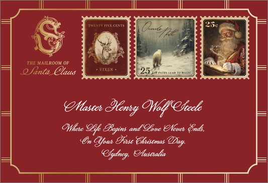 Baby's First Christmas Letter From Santa in a dark red envelope, hand-addressed with the baby's name and a first Christmas address beneath three 2026 stamps