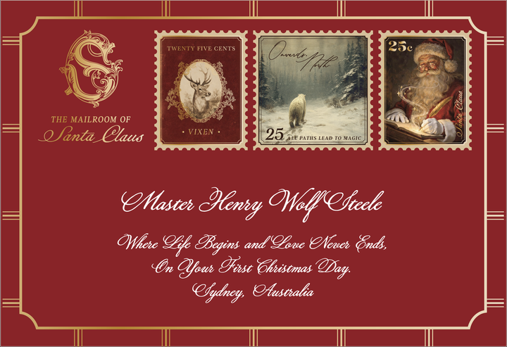 Baby's First Christmas Letter From Santa in a dark red envelope, hand-addressed with the baby's name and a first Christmas address beneath three 2026 stamps