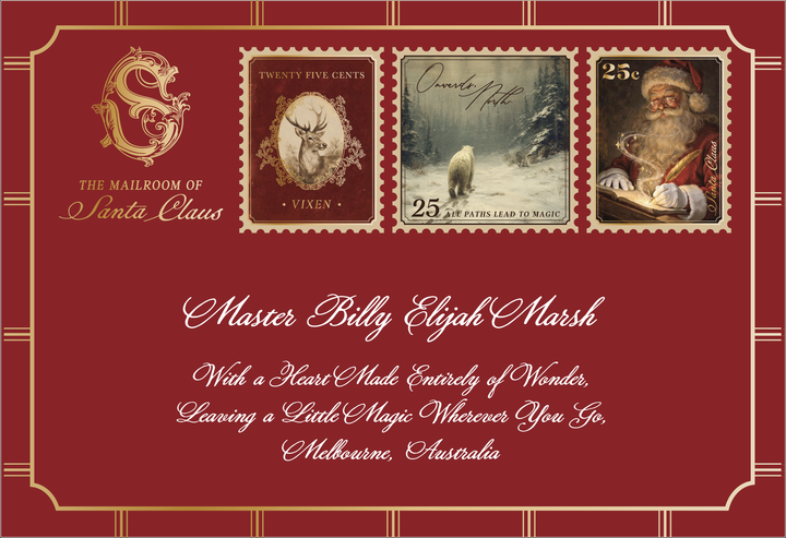 The Keep Believing Letter from Santa in a dark red envelope, hand-addressed with the child's name and magical address beneath three 2026 stamps
