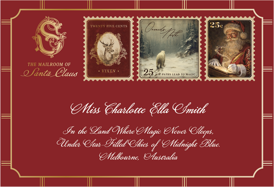 Personalised Letter From Santa in a dark red envelope, hand-addressed with the child's name and magical address beneath three 2026 stamps