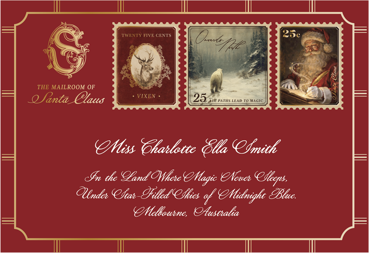 Personalised Letter From Santa in a dark red envelope, hand-addressed with the child's name and magical address beneath three 2026 stamps