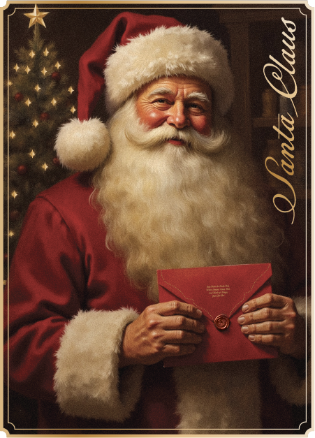 Vintage-style portrait of Santa Claus holding a personalised Santa letter with a Christmas tree in the background.