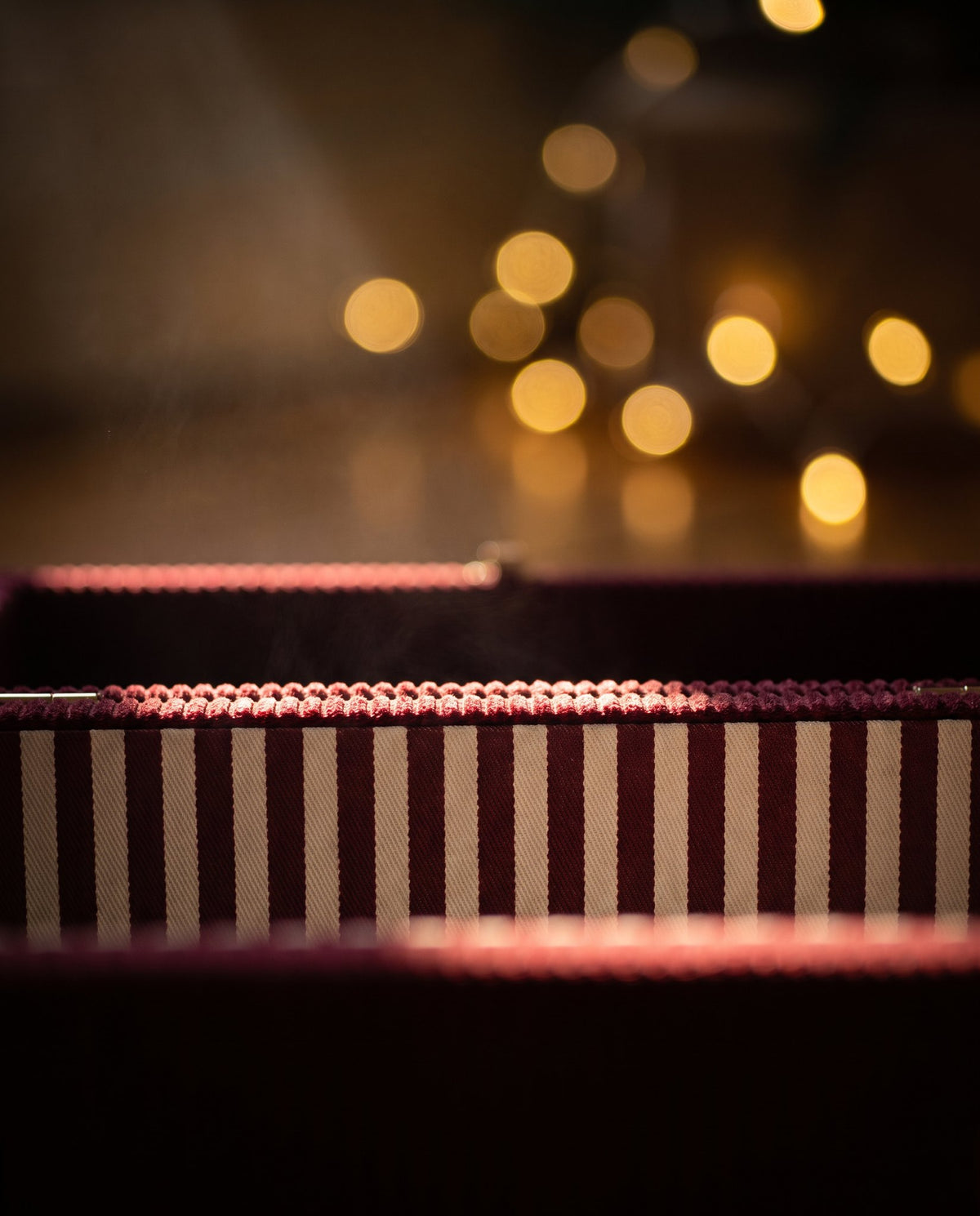 The rim of the open Christmas Eve Trunk with the tree lights glowing behind it