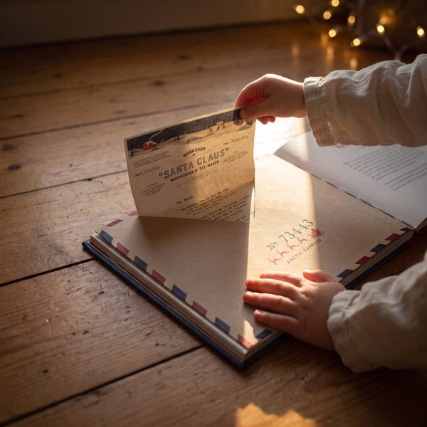 Letters from the North Pole - A child drawing Santa's letter out of the pocket page inside Letters from the North Pole