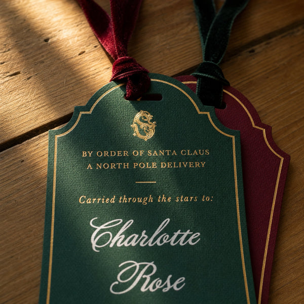 Large Personalised Christmas Gift Tag - A green personalised Christmas gift tag reading Charlotte Rose laid over a red one